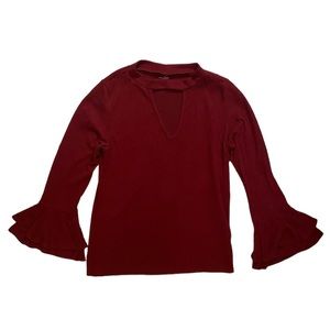 ALYA Keyhole Sweater with Ruffle Sleeve Hem in Burgundy